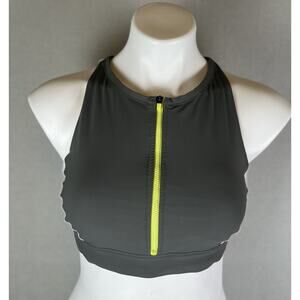 ATHLETA Swimsuit Bikini Top M High Neck Zip Front Racerback Athletic Gray White